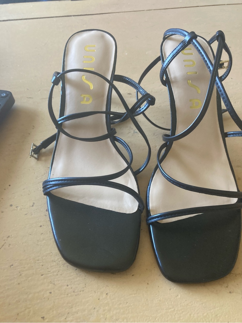 Unisa Black Lace-Up Strappy Square-Toe Heels